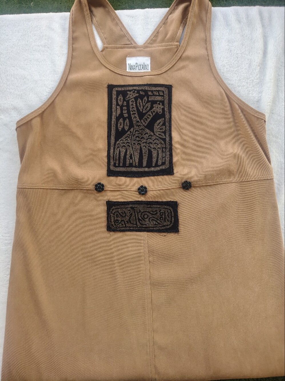 Vintage 1990's Nina Piccalino Tan Racerback Dress with Black Tribal Patch